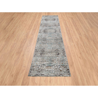 Transitional Wool & Silk Hand Knotted Rug Grey No Border 2.8X12.1 -O064406