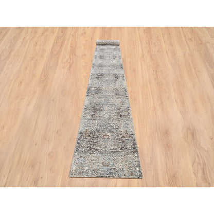 Transitional Wool & Silk Hand Knotted Rug Grey No Border 2.7X22.3 -O064423