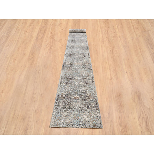 Transitional Wool & Silk Hand Knotted Rug Grey No Border 2.6X20.0 -O064424