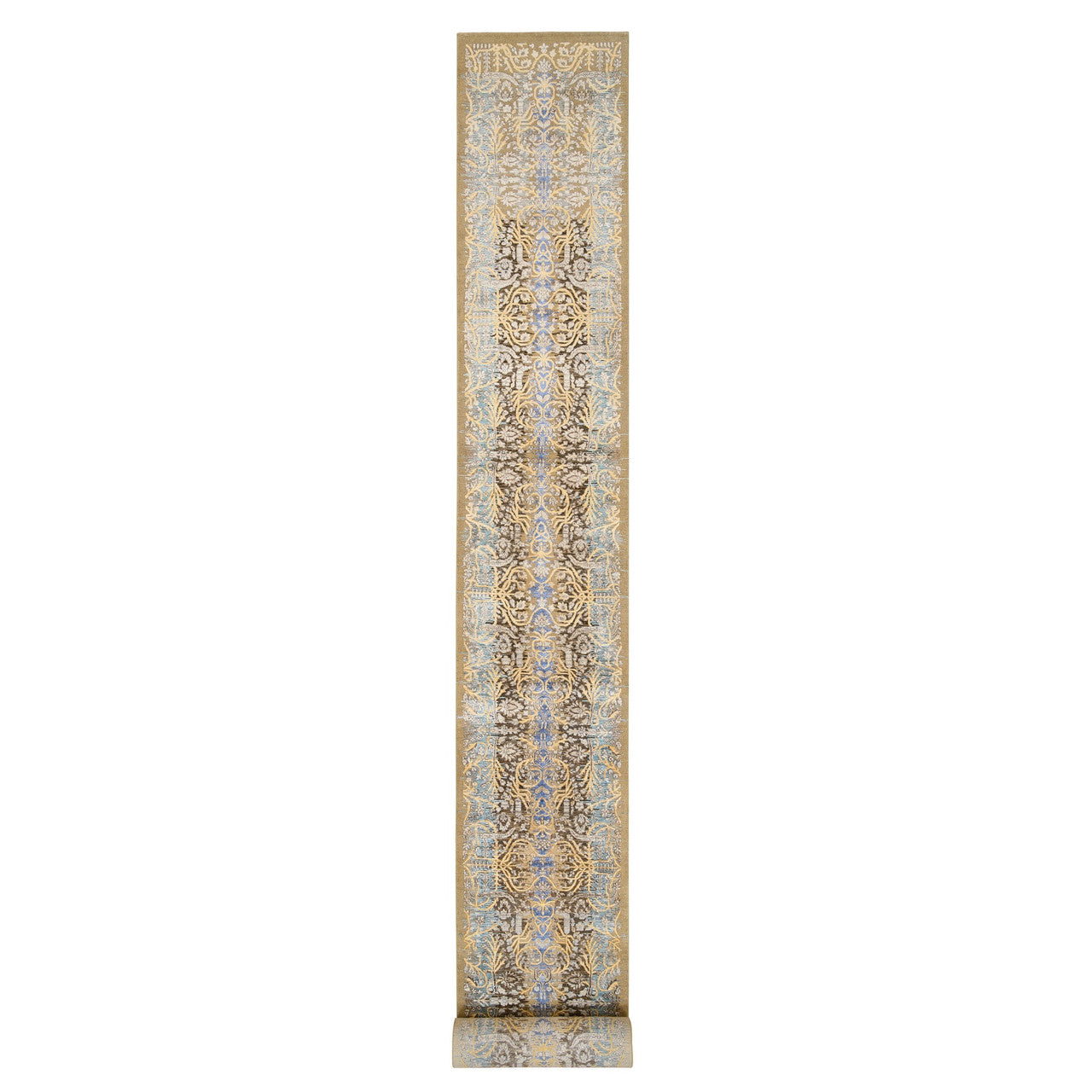 Brown 2'6" x 24'1" Transitional Hand knotted Wool/Silk Rug - Sku: O064444