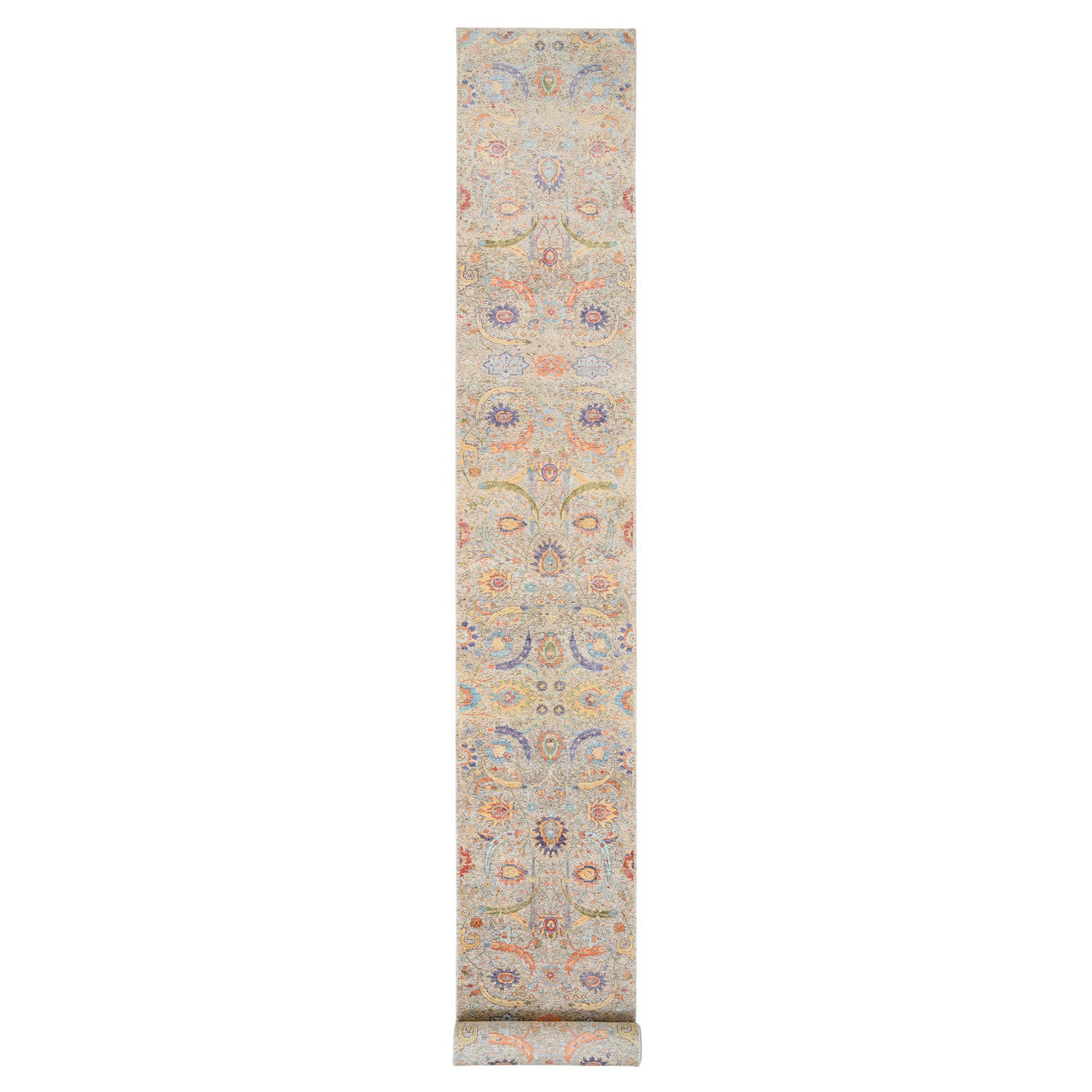 Beige 2'7" x 22'2" Transitional Hand knotted Wool/Silk Rug - Sku: O064445