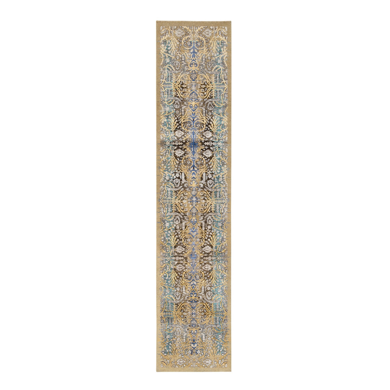 Brown 2'6" x 12'1" Transitional Hand knotted Wool/Silk Rug - Sku: O064447