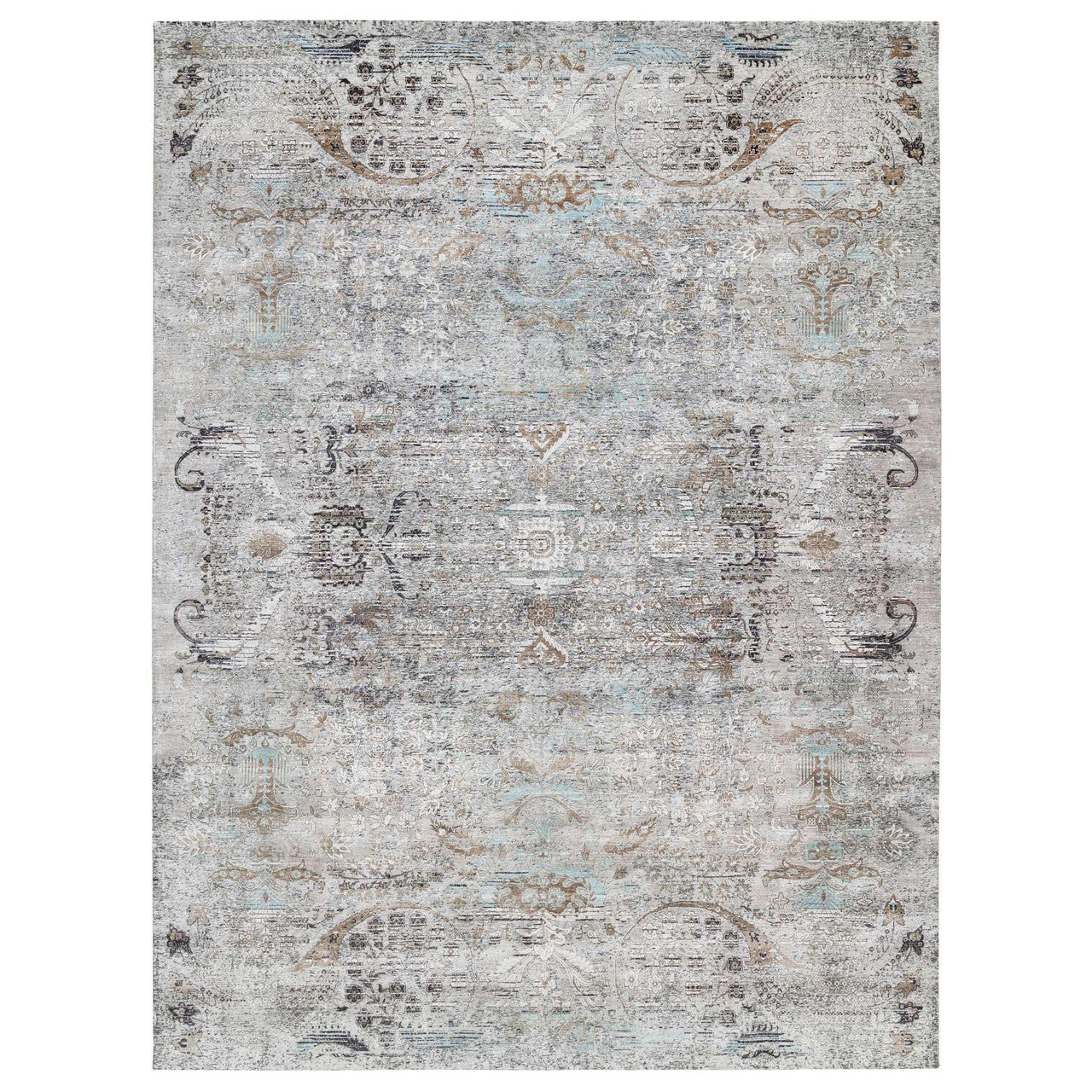 Gray 13'9" x 18'1" Transitional Hand knotted Wool/Silk Rug - Sku: O064448