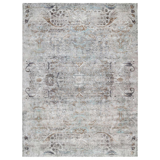 Transitional Wool & Silk Hand Knotted Rug Grey No Border 13.9X18.1 -O064448