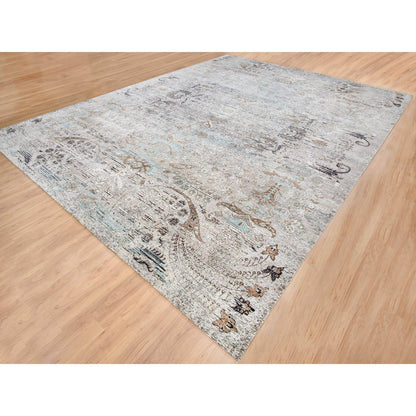 Transitional Wool & Silk Hand Knotted Rug Grey No Border 13.9X18.1 -O064448