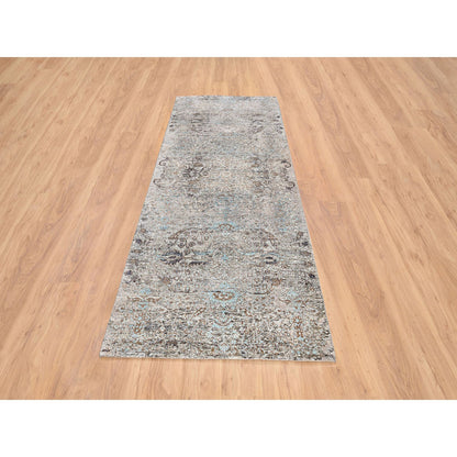 Transitional Wool & Silk Hand Knotted Rug Grey No Border 4.0X10.0 -O064451