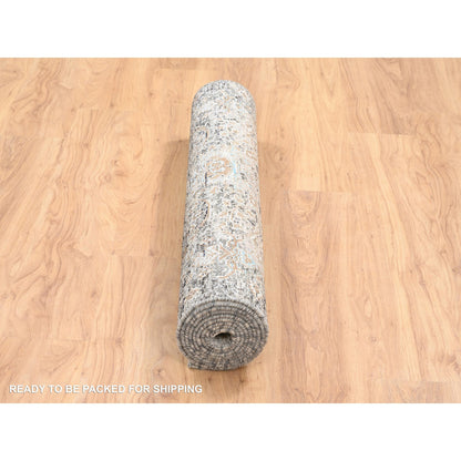 Transitional Wool & Silk Hand Knotted Rug Grey No Border 4.0X10.0 -O064451