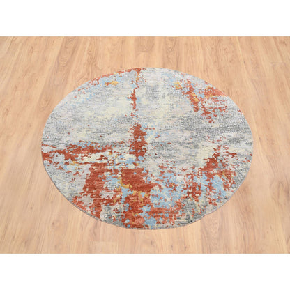 Modern and Contemporary Wool & Silk Hand Knotted Rug Beige No Border 5.10X5.10 -O064487