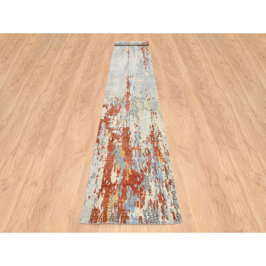 Modern and Contemporary Wool & Silk Hand Knotted Rug Beige No Border 2.6X17.8 -O064539