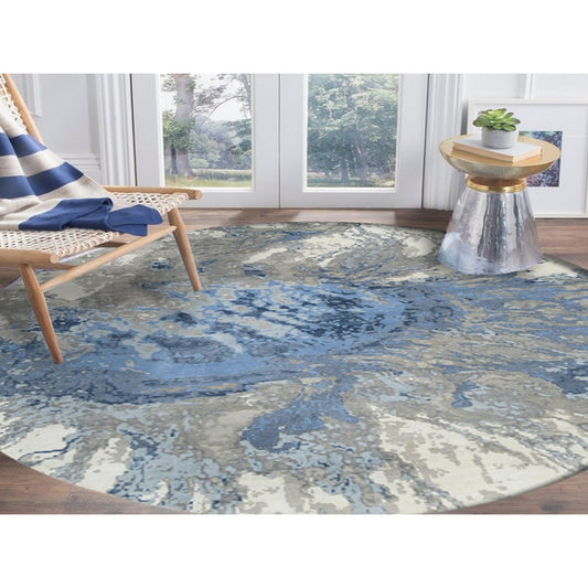 Modern and Contemporary Wool & Silk Hand Knotted Rug Blue No Border 9.9X9.9 -O064548