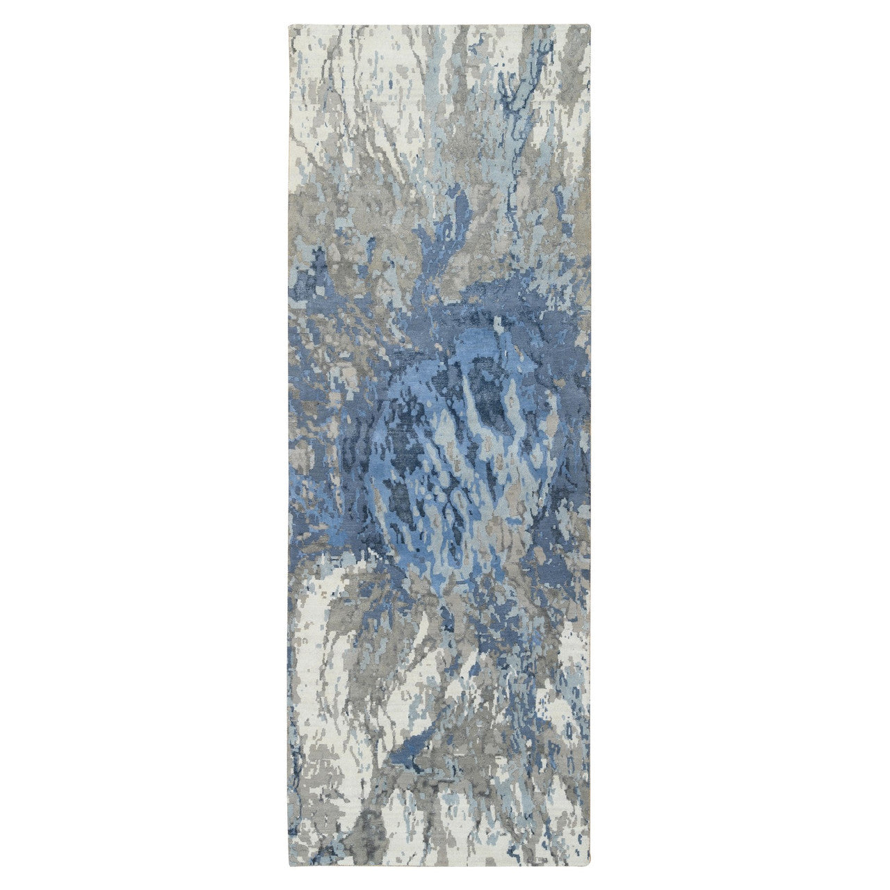Blue 4'2" x 11'9" Modern and Contemporary Hand knotted Wool/Silk Rug - Sku: O064551