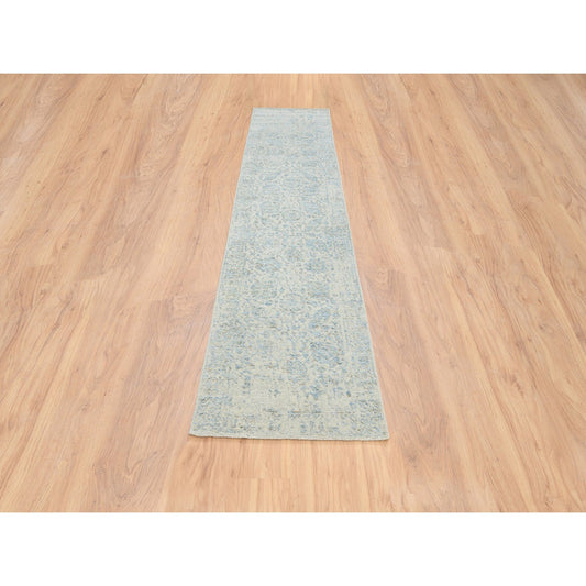 Transitional Wool & Silk Hand Loomed Rug Blue No Border 2.7X12.0 -O064552