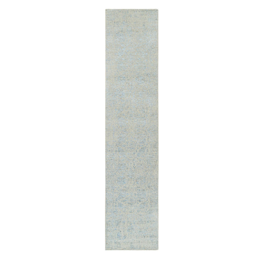 Transitional Wool & Silk Hand Loomed Rug Blue No Border 2.6X12.0 -O064555
