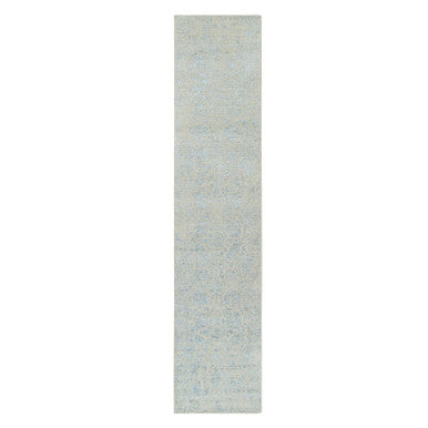 Transitional Wool & Silk Hand Loomed Rug Blue No Border 2.6X12.0 -O064555