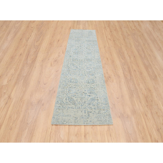 Transitional Wool & Silk Hand Loomed Rug Blue No Border 2.8X10.0 -O064556
