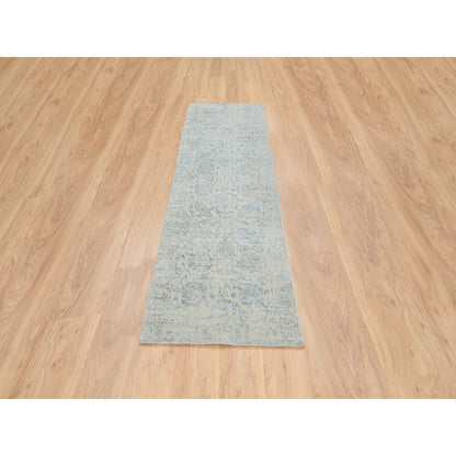Transitional Wool & Silk Hand Loomed Rug Blue No Border 2.6X8.0 -O064558