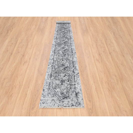 Transitional Wool & Silk Hand Knotted Rug Grey Gray 2.7X18.1 -O064559