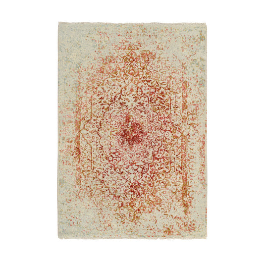 Modern and Contemporary Wool & Silk Hand Knotted Rug Ivory No Border 4.2X6.0 -O064561