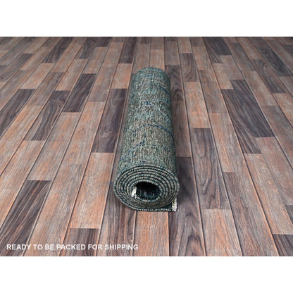 Overdyed & Vintage Wool Hand Knotted Rug Green 2.6x9.8 -O0645