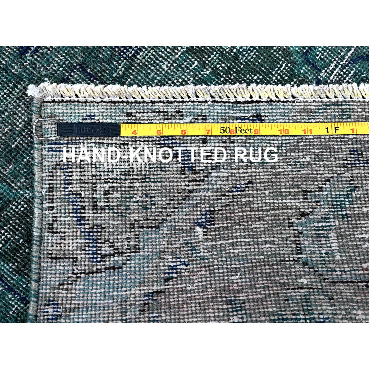 Overdyed & Vintage Wool Hand Knotted Rug Green 2.6x9.8 -O0645