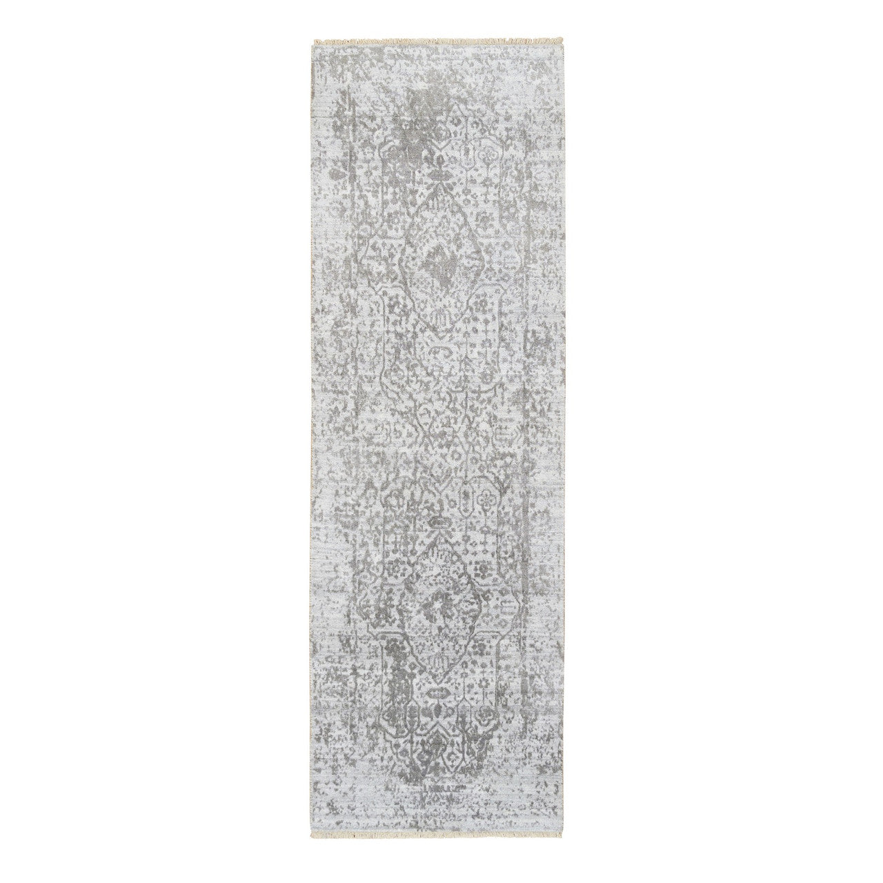Gray 2'6" x 8'0" Transitional Hand knotted Wool/Silk Rug - Sku: O064600