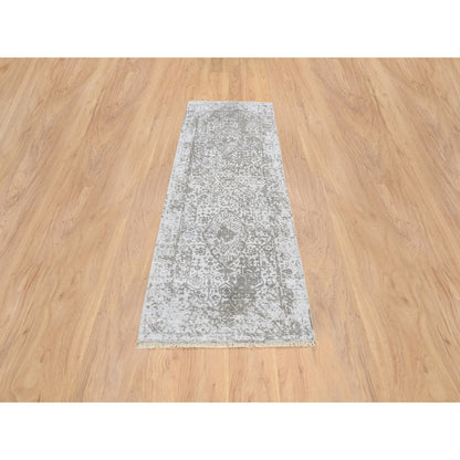Transitional Wool & Silk Hand Knotted Rug Grey No Border 2.6X8.0 -O064600