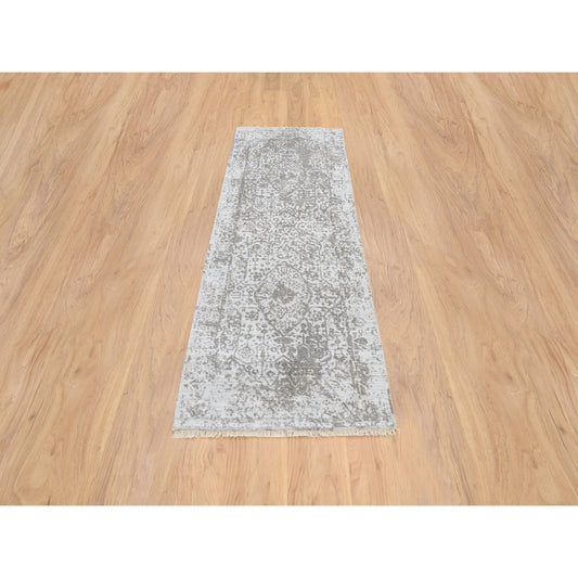 Transitional Wool & Silk Hand Knotted Rug Grey No Border 2.6X7.10 -O064603