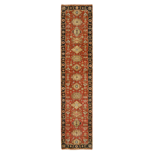 Heriz Wool Hand Knotted Rug Red Black 2.9X12.0 -O064632