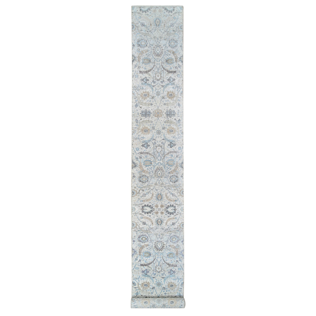 Ivory 2'6" x 18'1" Transitional Hand knotted Wool/Silk Rug - Sku: O064652