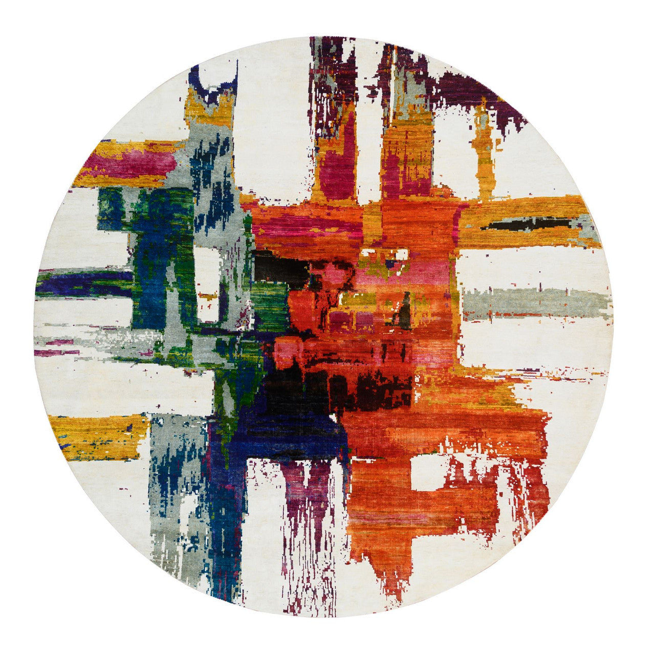 Ivory 8'9" x 8'9" Modern and Contemporary Multicolored Hand knotted Wool/Silk Rug - Sku: O064665
