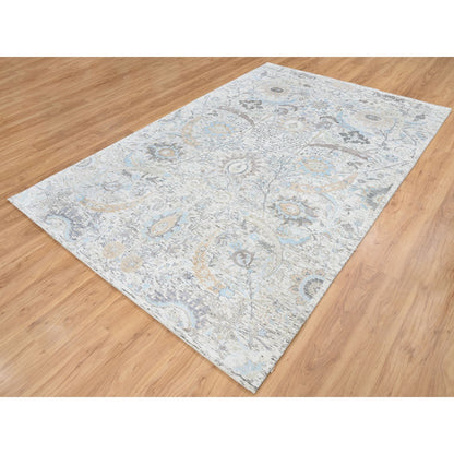 Transitional Wool & Silk Hand Knotted Rug Ivory No Border 6.0X9.2 -O064667