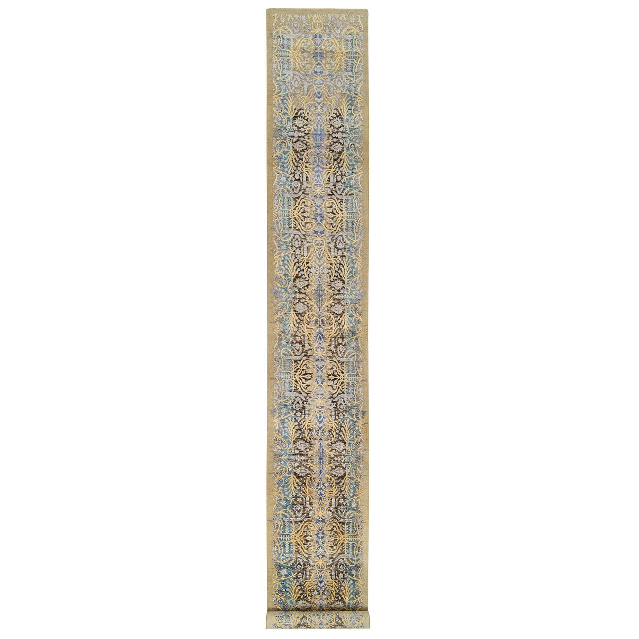 Brown 2'6" x 18'0" Transitional Hand knotted Wool/Silk Rug - Sku: O064677