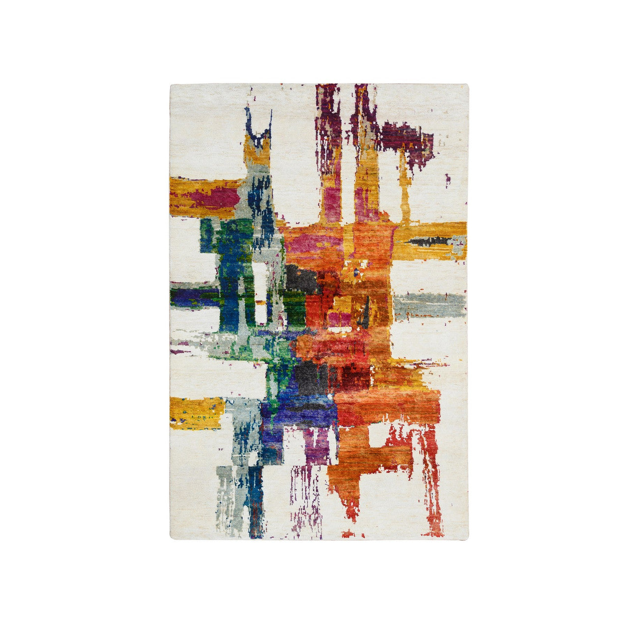 Ivory 3'0" x 5'0" Modern and Contemporary Multicolored Hand knotted Wool/Silk Rug - Sku: O064680