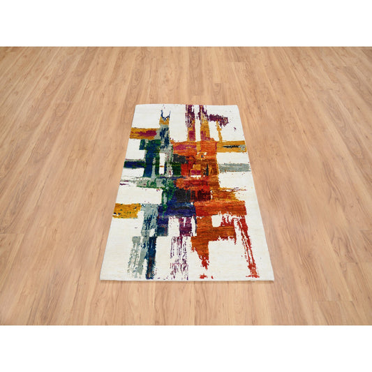 Modern and Contemporary Wool & Silk Hand Knotted Rug Multicolored No Border 3.0X5.0 -O064680