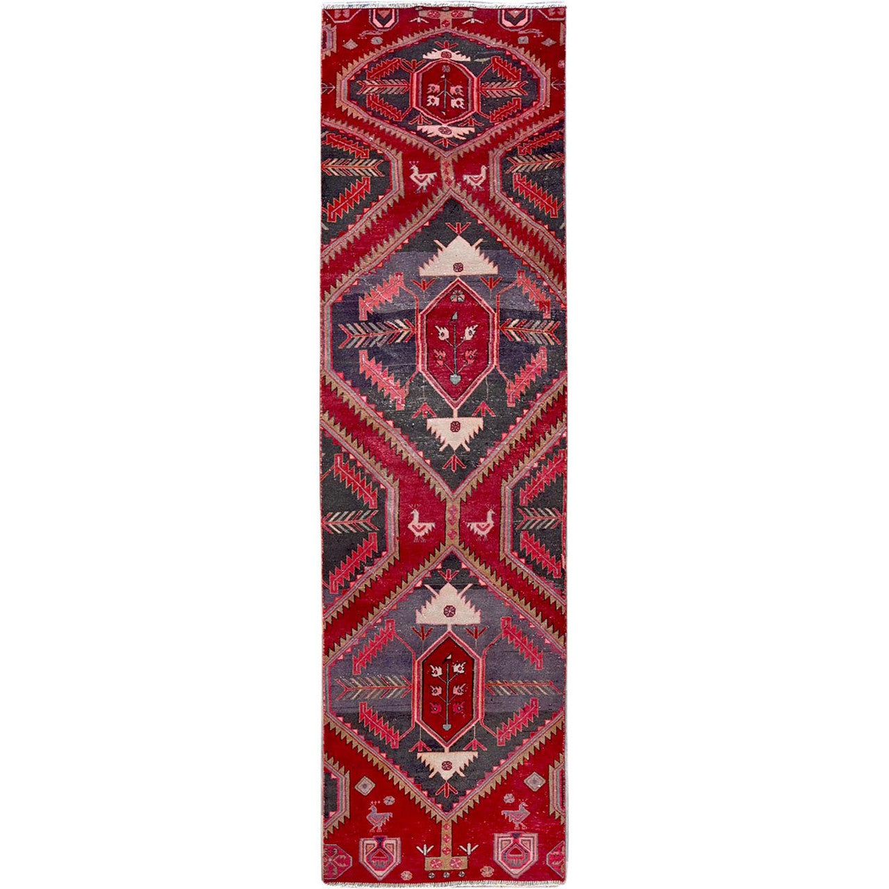 Overdyed & Vintage Wool Hand Knotted Rug Red 2.7x9.5 -O0646