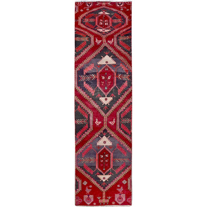 Overdyed & Vintage Wool Hand Knotted Rug Red 2.7x9.5 -O0646