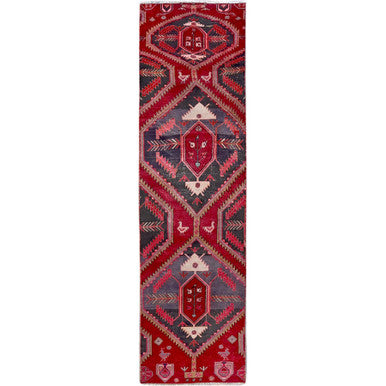 Overdyed & Vintage Wool Hand Knotted Rug Red 2.7x9.5 -O0646