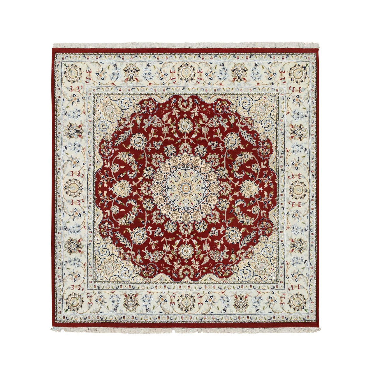 Fine Oriental Wool Hand Knotted Rug Red Ivory 5.9X6.0 -O064724