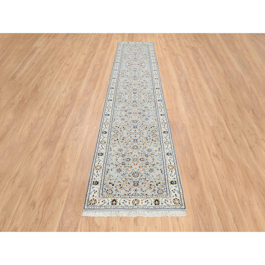 Fine Oriental Wool Hand Knotted Rug Blue Ivory 2.6X13.9 -O064736