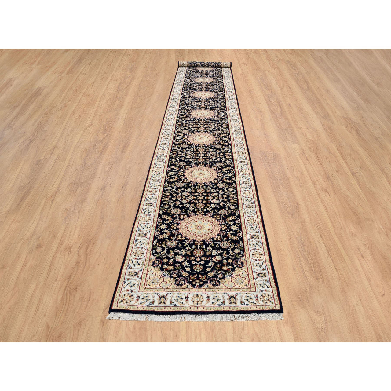 Fine Oriental Wool Hand Knotted Rug Blue Ivory 2.7X16.4 -O064738