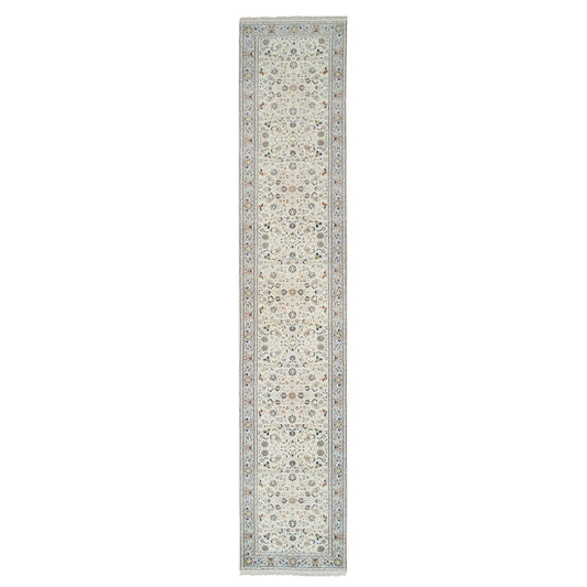 Fine Oriental Wool Hand Knotted Rug Ivory Light Blue 2.7X14.0 -O064740