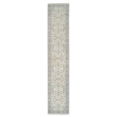 Fine Oriental Wool Hand Knotted Rug Ivory Light Blue 2.7X14.0 -O064740