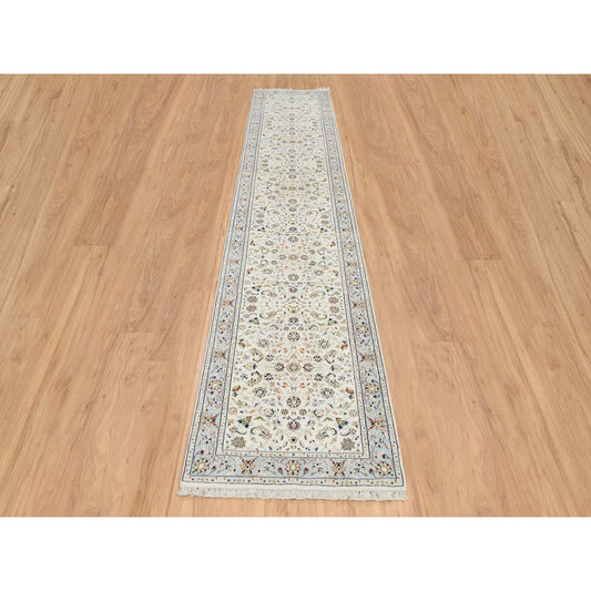 Fine Oriental Wool Hand Knotted Rug Ivory Light Blue 2.7X14.0 -O064740
