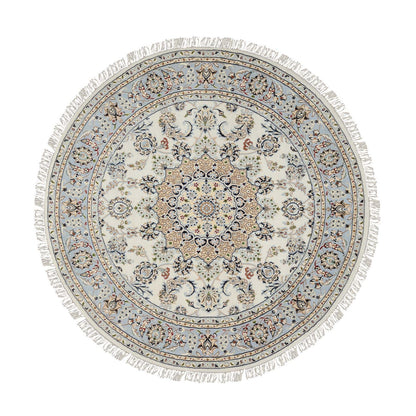 Fine Oriental Wool Hand Knotted Rug Ivory Light Blue 6.0X6.0 -O064746