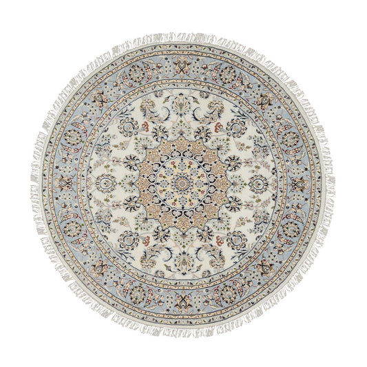 Fine Oriental Wool Hand Knotted Rug Ivory Light Blue 6.0X6.0 -O064746