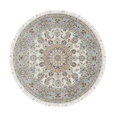 Fine Oriental Wool Hand Knotted Rug Ivory Light Blue 6.0X6.0 -O064746