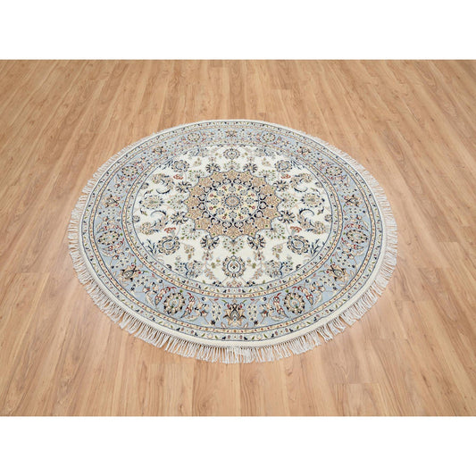 Fine Oriental Wool Hand Knotted Rug Ivory Light Blue 6.0X6.0 -O064746