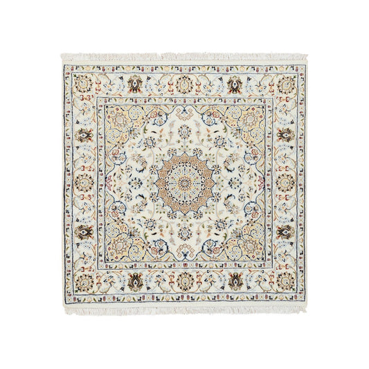 Fine Oriental Wool Hand Knotted Rug Ivory Ivory 4.0X4.0 -O064750