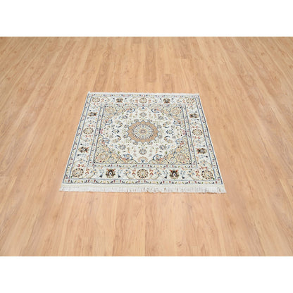 Fine Oriental Wool Hand Knotted Rug Ivory Ivory 4.0X4.0 -O064750