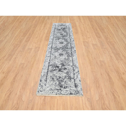 Transitional Wool & Silk Hand Knotted Rug Grey Gray 2.7X12.0 -O064834